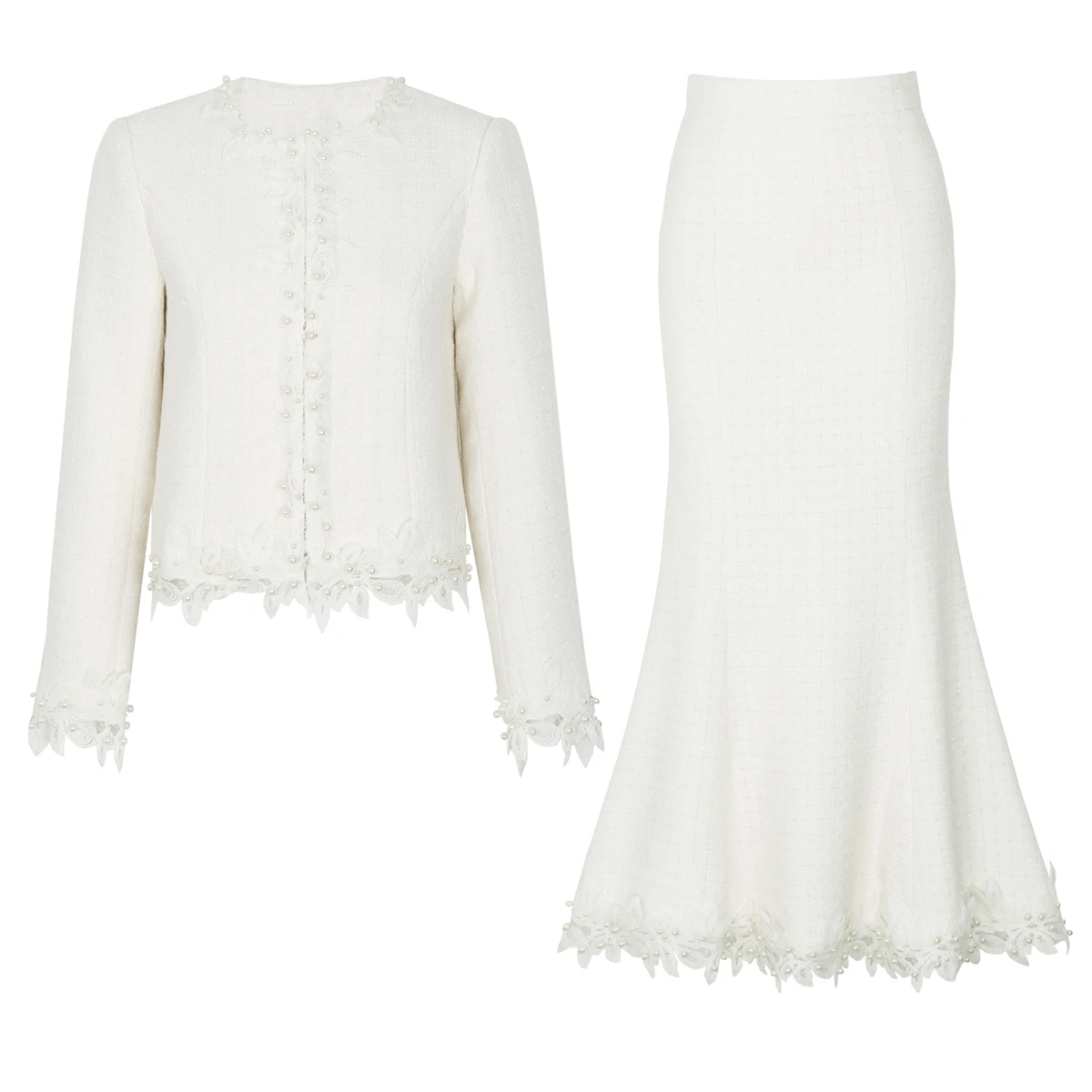 25318 Spring And Autumn New Fashion Commuter Women's Lace Nail Pearl Socialite Versatile Small Fragrant Top Fishtail Skirt Set