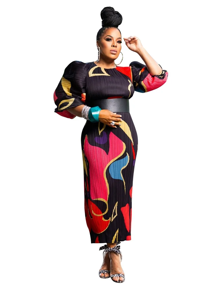 Plus Size Dresses for Women Elegant Puff Sleeve Print Loose Sexy  Long Sleeve Fall Clothes Maxi Dress Wholesale Dropshipping