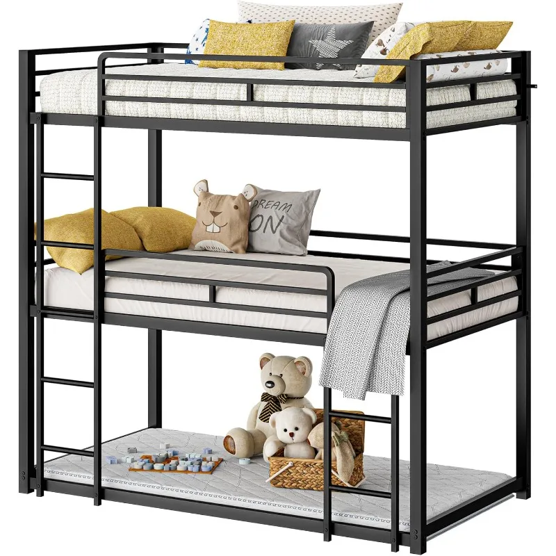 home.Bunk Bed, Triple Bunk beds Twin Over Twin Over Twin with 2 Ladders, Metal Frame with Guardrails for Bedroom, No Box