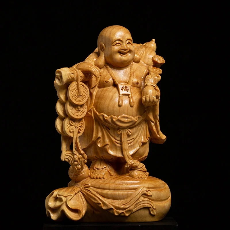 XS103-10/13/15CM Hand Carved Boxwood Carving Figurine Buddha Statue Home Decor -Laughing Maitreya Sculpture Folk Crafts