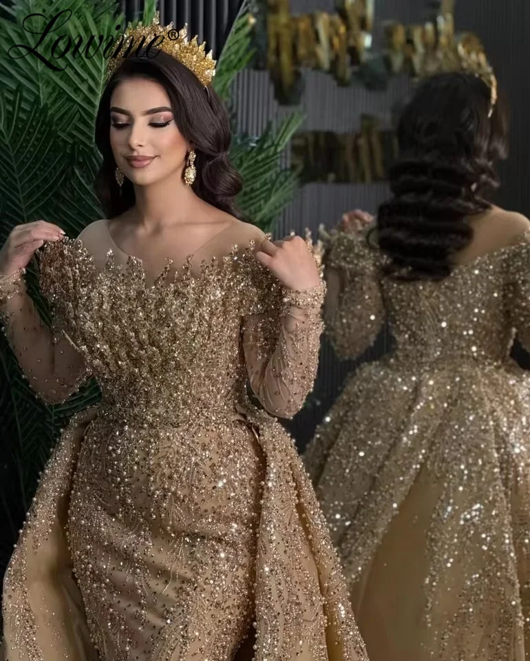 

Two Piece Gold Prom Dresses Dubai Design Arabic Pageant Party Dress Robe De Soiree Muslim Long Sleeves Evening Gown with Crystal