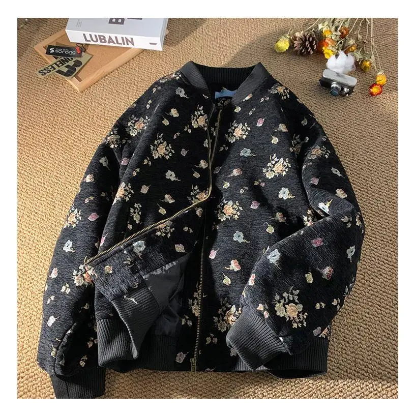 

American Retro Floral Print Stand Collar Jaet Women's Casual Baseball Sle Top Spring Trendy Brand Polyester Fabric