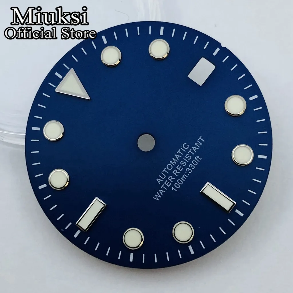 Miuksi 29mm black green blue watch dial green luminous fit NH35 movement