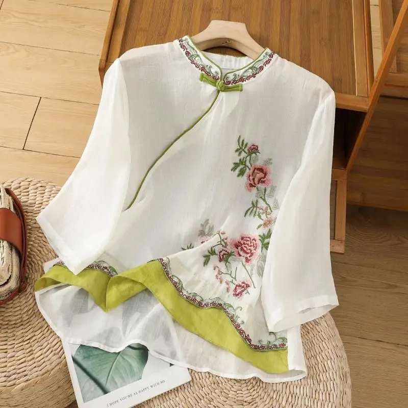 Women's Summer New Chinese Style Oblique Placket Cheongsam Shirt, Frog Button Cotton Linen Retro Embroidery Ethnic Style Top