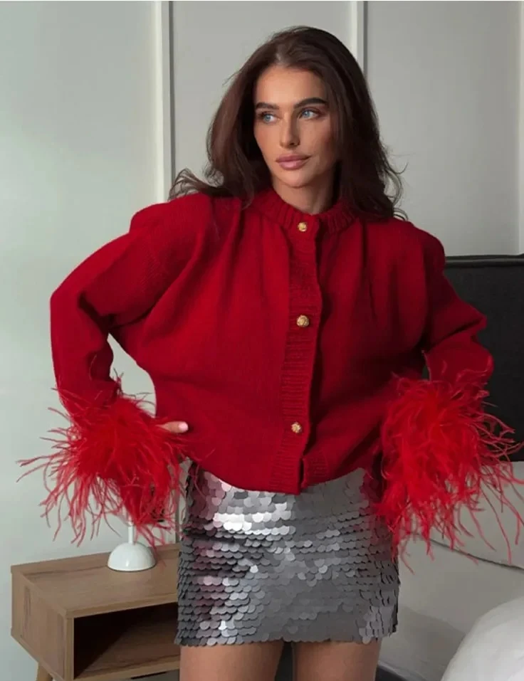 

Casual Spliced Feather Knitted Cardigan For Women Fashion Single Breasted Long Sleeved Red Sweater Autumn Lady Outerwear