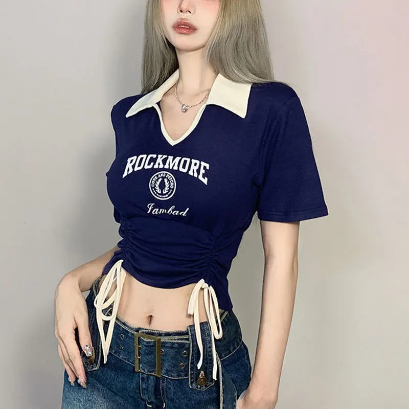 

Contrasting Colors Polo-Neck Pullovers Summer Slim Fashion Shirring Drawstring Hotsweet Female Clothing Letter Printed T-shirt