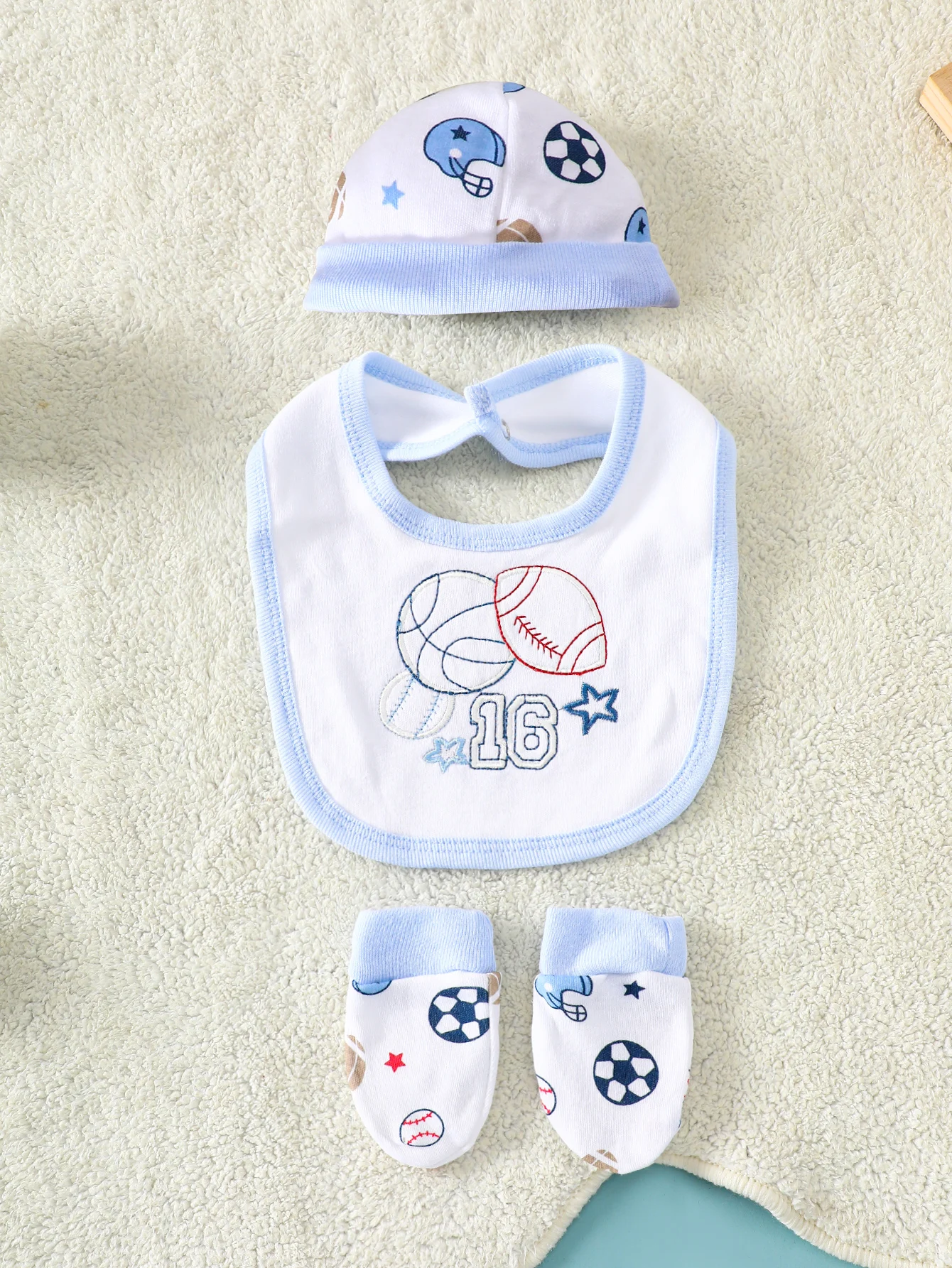 8-teiliges Baby-Strampler-Set | 100% Baumwolle | Weich & Atmungsaktiv | Blaues Cartoon-Rugby-Design | Für 0-9 Monate alte Säuglinge – Detail 8