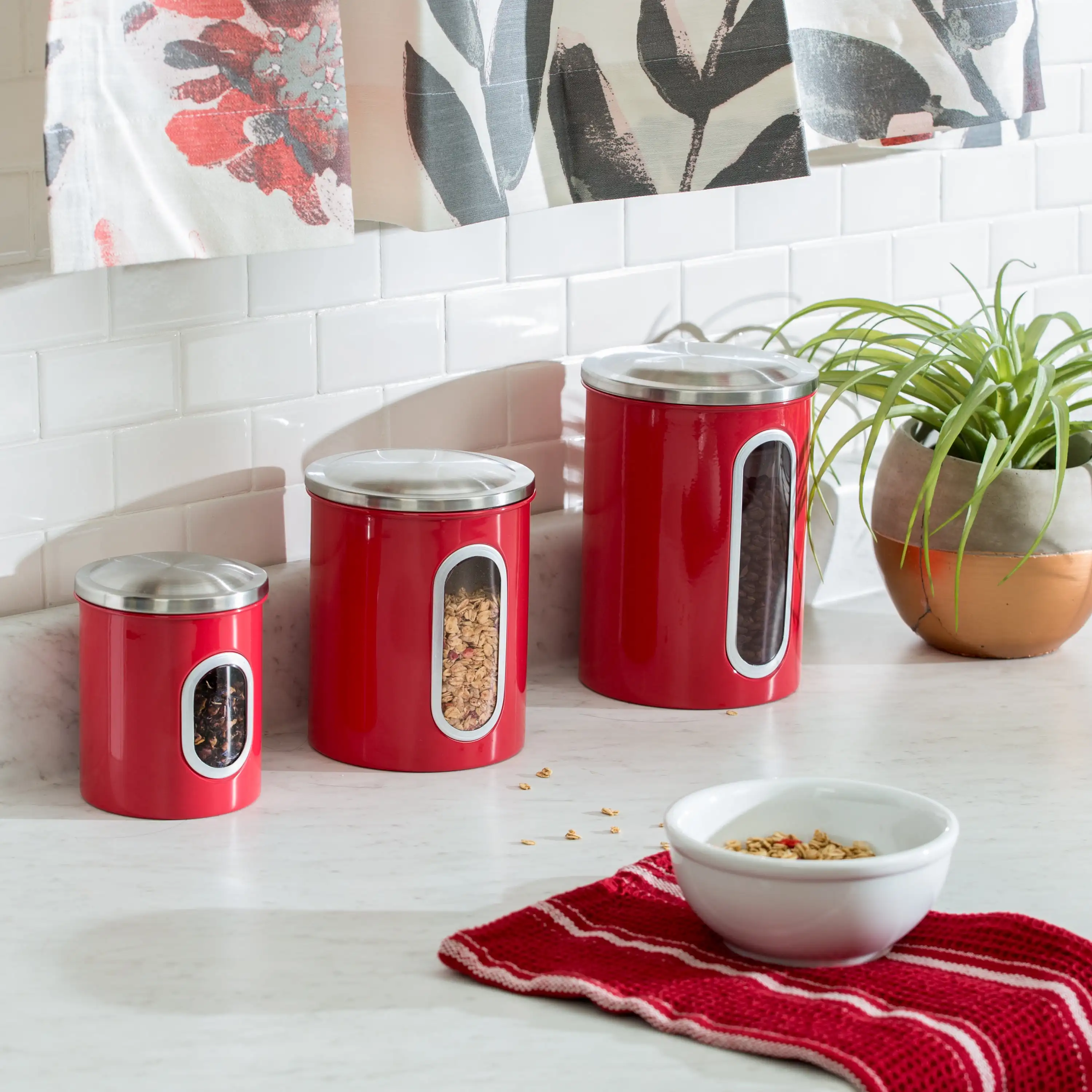 

Three-Piece Set of Nesting Stainless Steel Kitchen Canisters, Red