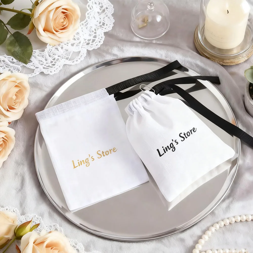 

50pcs/Lot Custom Logo White Cotton Jewelry Packaging Ribbon Bag Canvas Drawstring Pouch Black Drawstring Christmas Gift Wedding