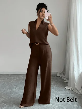 Completo estivo 2026 senza maniche con scollo a V e pantaloni a gamba larga, set due pezzi elegante e casual in stile francese, abbigliamento da donna taglie forti elegante e snellente, adatto per l'ufficio, l'uso quotidiano e le vacanze