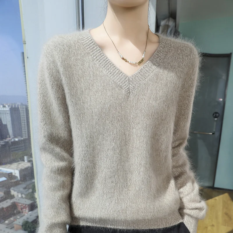 Mink Cashmere Sweater, Sweater for Women, Knit Pullover long sleeve, Pretty Colored Yarn, Autumn and Winter Loose V-Neck Top