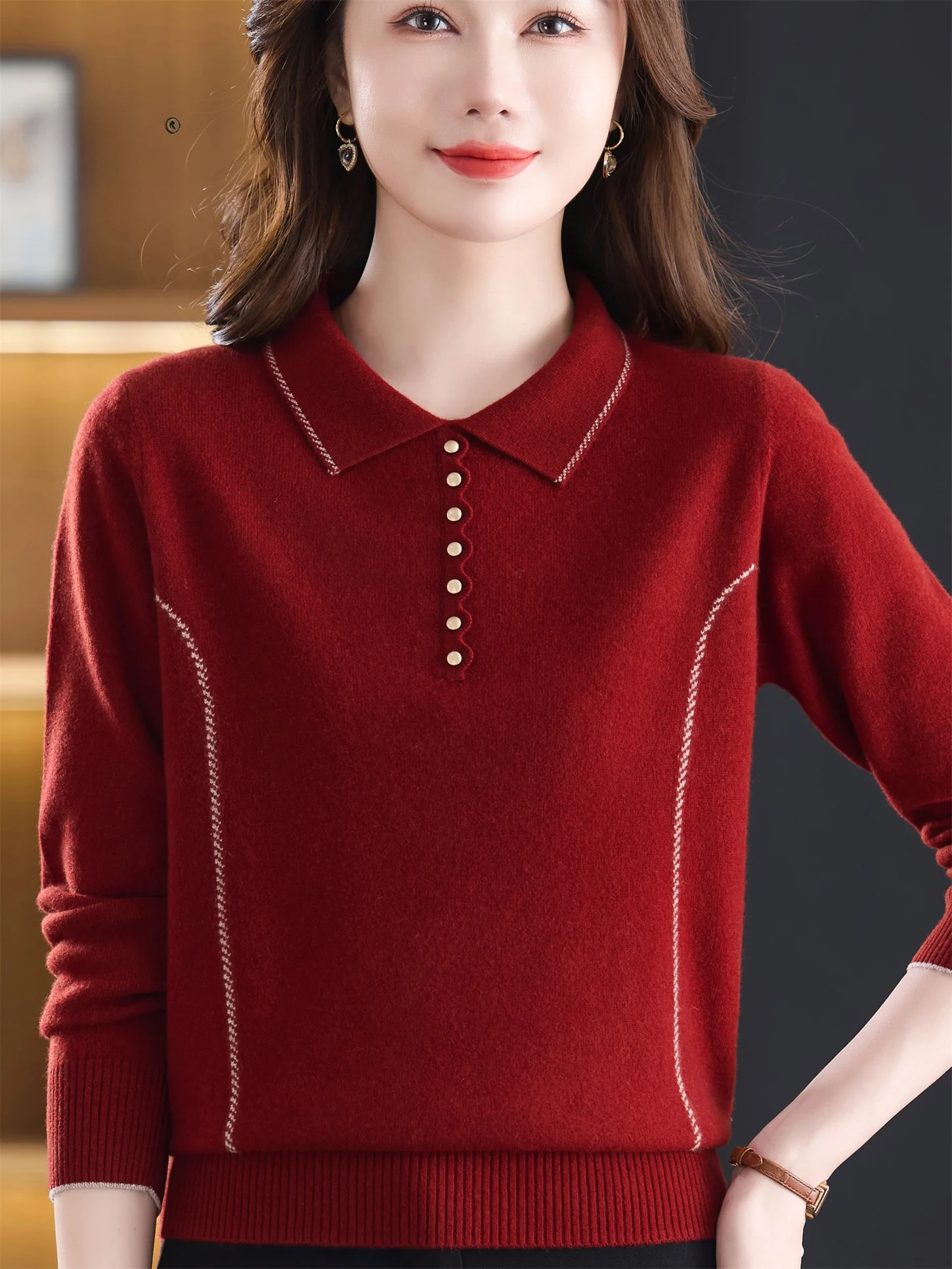 

Young Mom Faion, весенне-осенний шерстяной свободный топ Fem, трикотаж с воротником, дышащая повседневная одежда для женщин среднего возраста