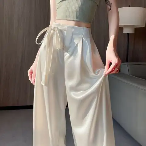 새틴 정장 와이드 레그 여성 여름 심플 오피스룩 단색 스트레이트 여성 패션 레이싱 슬림 캐주얼 팬츠
