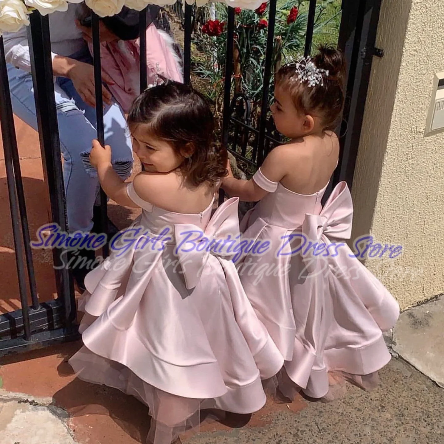 Satin Backless Bow Off shoulder Ruched Flower Girl Dress for Wedding Ceremonies Formal Receptions Dance Performances Parties