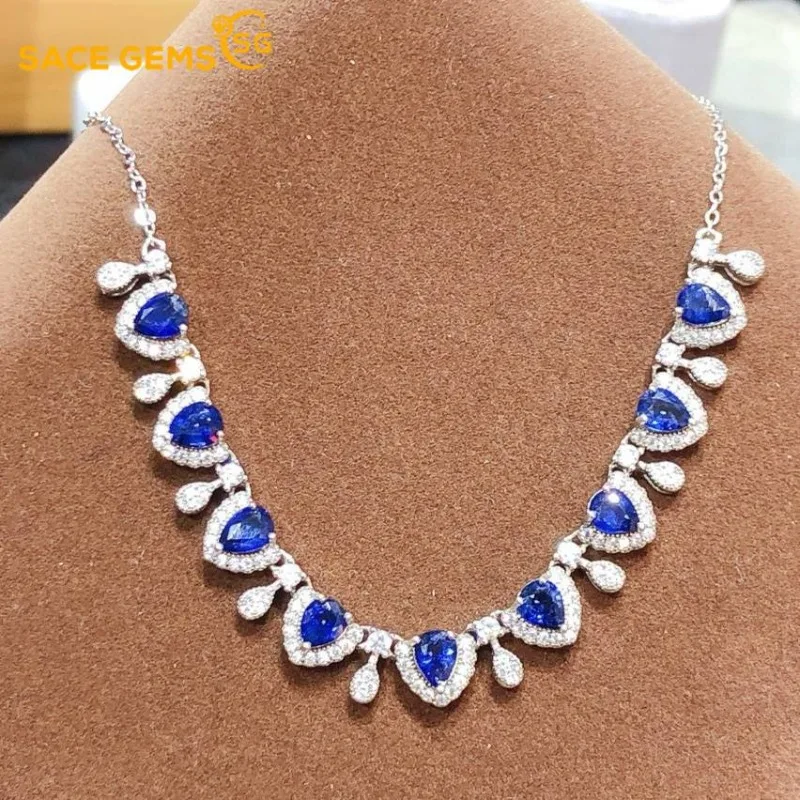 

SACE GEMS 925 Sterling Silver Certified 4*5MM Natual Sapphire Pendant Necklaces for Womne Engagement Cocktail Party Fine Jewelry