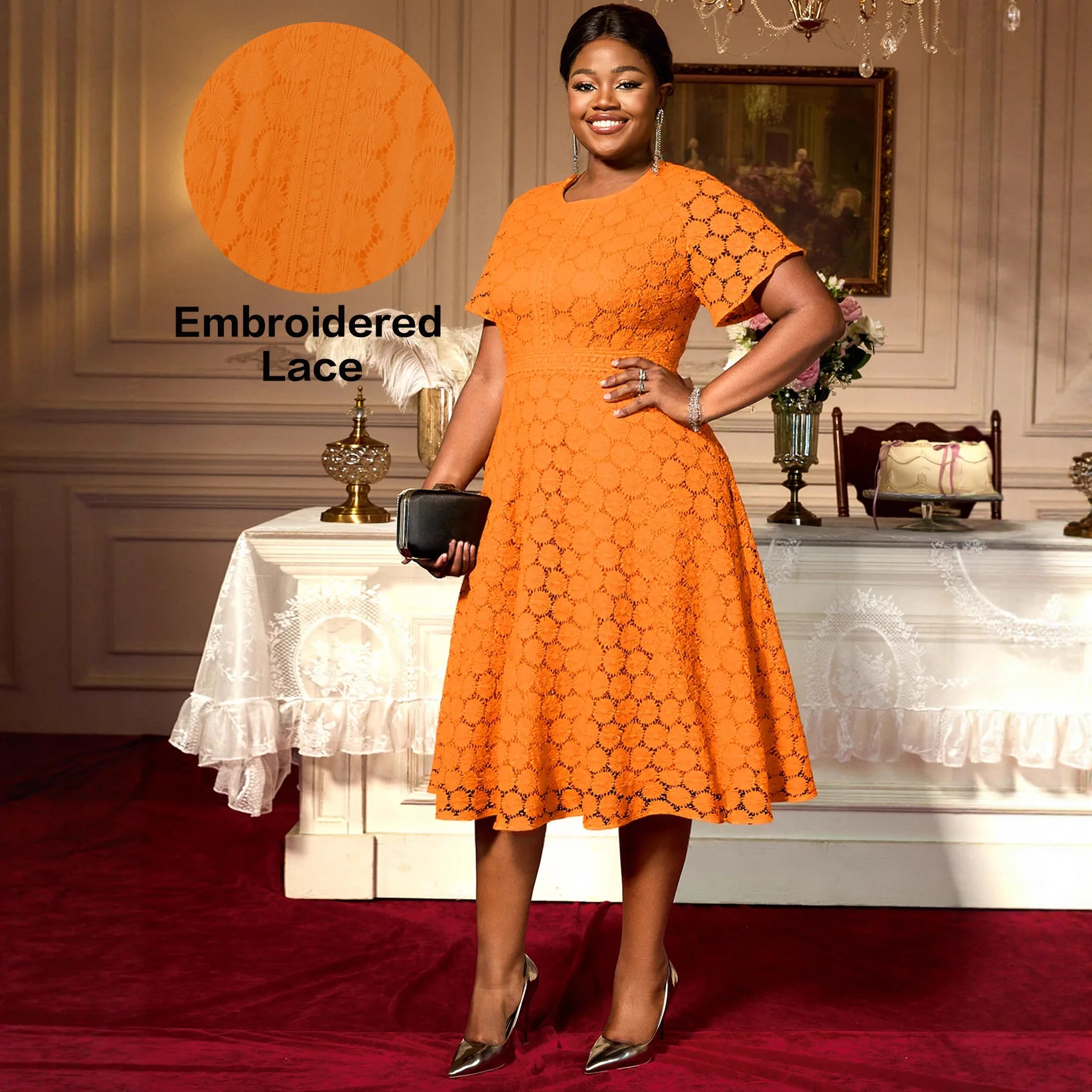 

Plus Size Orange Romantic Elegant Lace Short Sleeve Dress High Waist A-line Elegant Evening Gown Summer Elegantes Casual Y2k