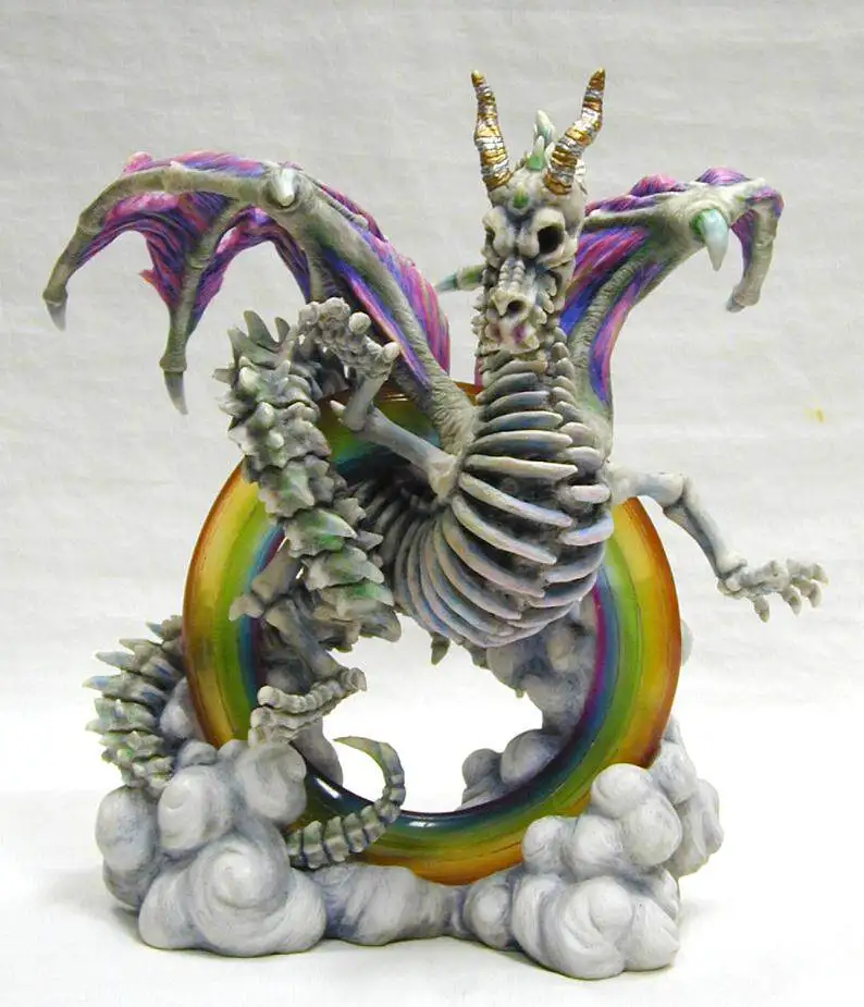 Rainbow Ring Skeleton Dragon Resin Figurine Gothic Undead Bone Dragon Statue Cloud Base Fantasy Desktop Ornament Home Decoration