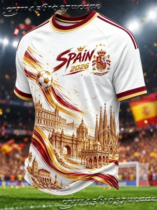 Retro Adult Spain Soccer Jersey Crew Neck Historic Building Print Red Gold Streamer Motifs 2026 Team Crest Fan Football Shirt