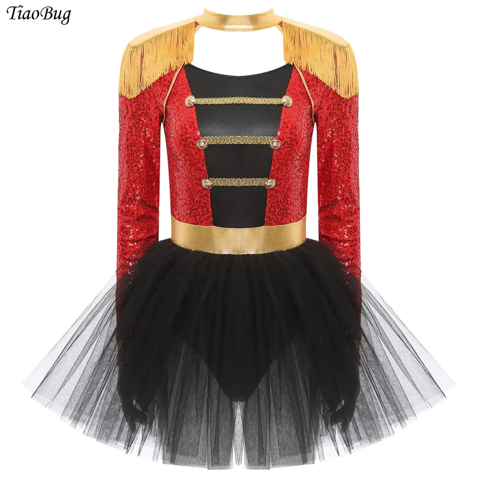 

Women Halloween Lion Tamer Cosplay Circus Ringmaster Tutu Dress Long Sleeve Tassel Shoulder Sequins Tulle Skirt Bodysuit Clothes