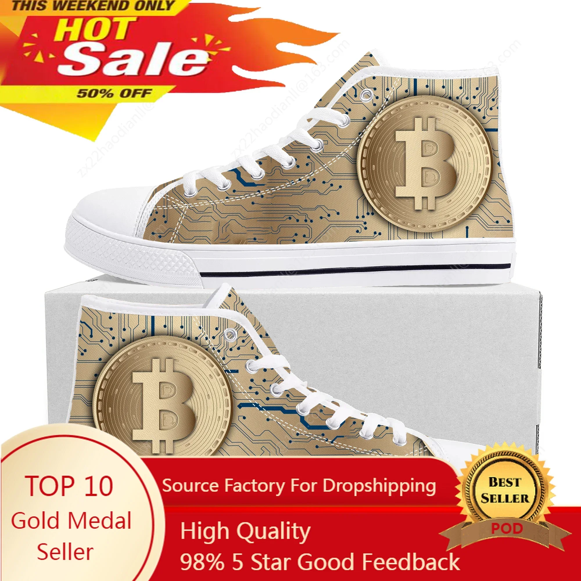 Hot Bitcoin Cryptocurrency Miner BTC Coin High Top Sneakers Mens Womens Teenager Canvas Sneaker Casual Couple Shoes Custom Shoe