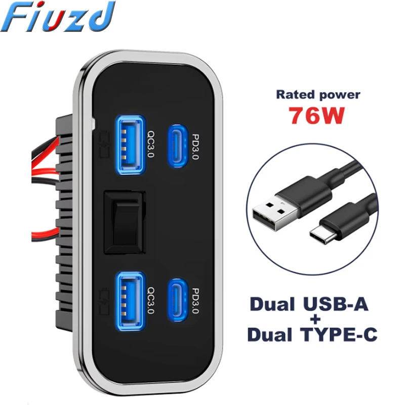 4 Ports 12V RV USB Outlet 76W Dual PD3.0 Type-C Quick Charge & QC3.0 Panel Wall Mount Charger Adapter For Marine Bus ATV Truck