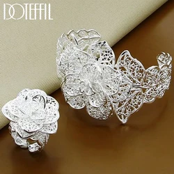 DOTEFFIL 925 Sterling Silver Big Flower Bracelet Ring Bangle Set For Woman Man Wedding Engagement Party Fashion Charm Jewelry