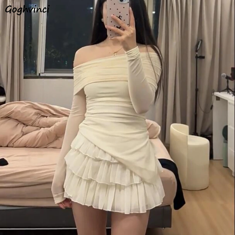 

Women Sets Long Sleeve Slash Neck Top Cake Skirt Korean Fashion Two-piece Chic Streetwear Casual Sweet Spicy Girls Ins Spring