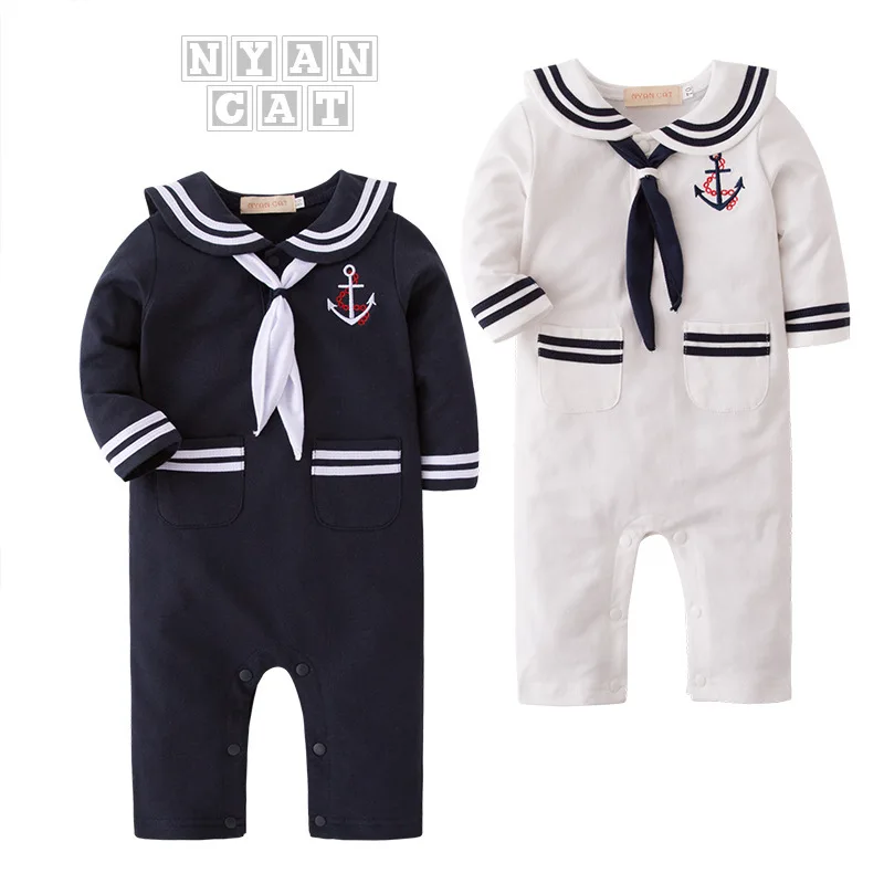 Baby Boys Navy Marine Style Romper 2PCS Set Long Sleeve with Hat Romper Lapel Toddler Jumpsuit Autumn Winter Clothes Costume