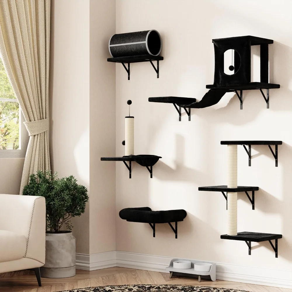 7-in-1 Wall Mounted Cat Climber Set, Furniture Set, Cat Climber with House,Tunnel, Bridge, Tree, Steps