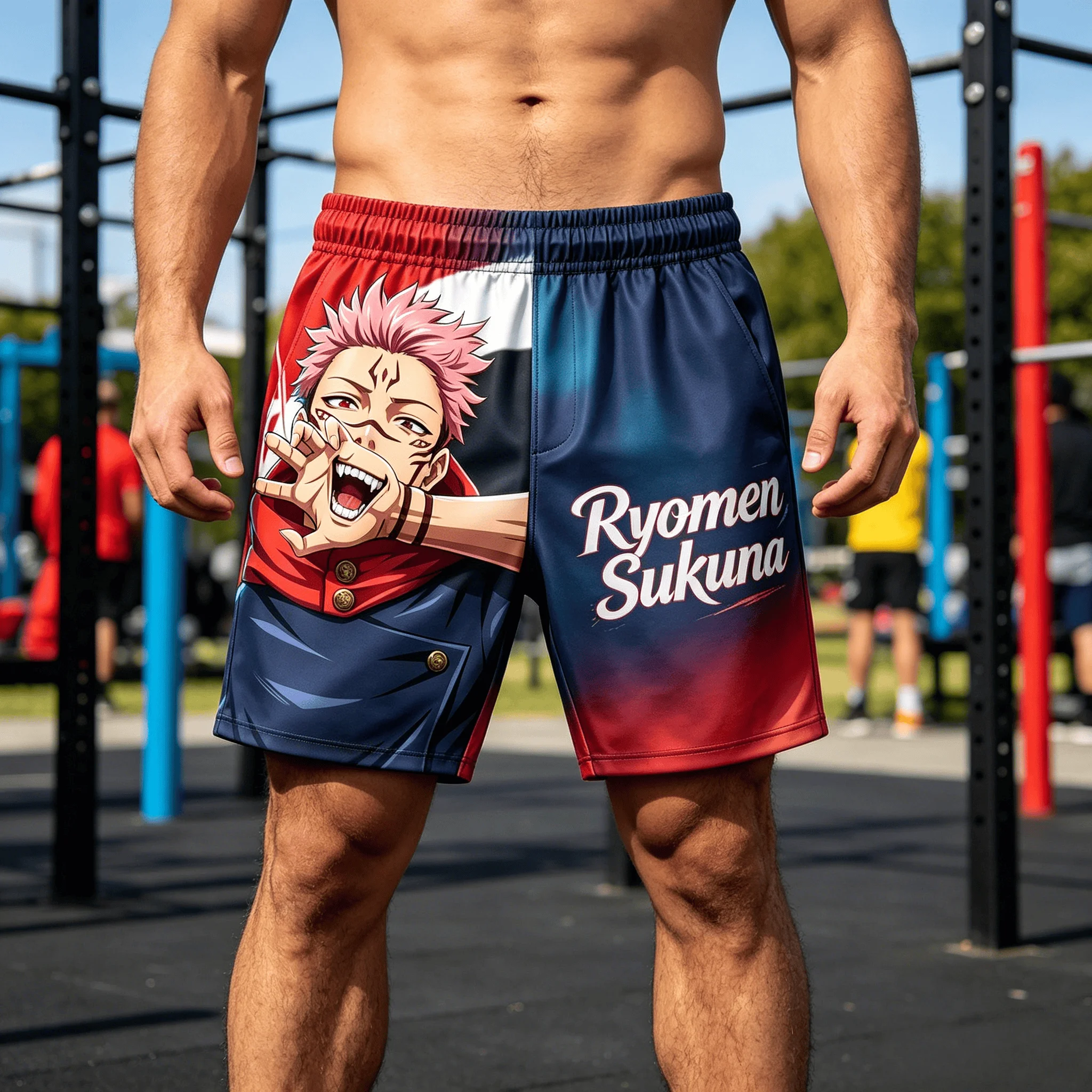 Anime Jujutsu Kaisen Ryomen Sukuna Print Men's Shorts, Quick Dry Breathable Flame Pattern Casual Beach Shorts, Sports  Shorts