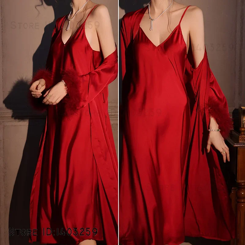 

Сексуальный свадебный длинный халат, комплект ночной рубашки, роскошный пеньюар с перьями, ночная рубашка, кимоно из искусственного шелка, халат, свободное домашнее платье, одежда для дома