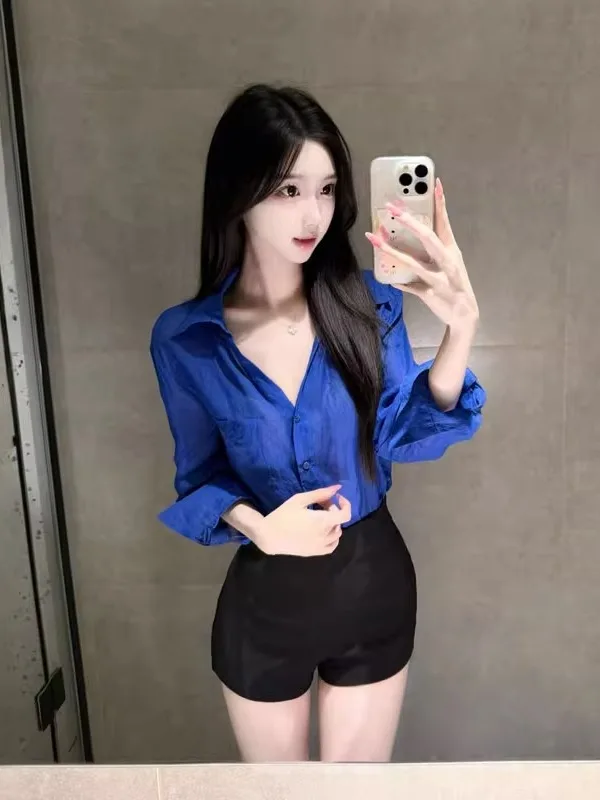 

Elegant French Style Shirt And Short Pants Two-Piece Set Comfortable Cotton V-Neck Button-Up High Waist Loose Fit Autumn Wear