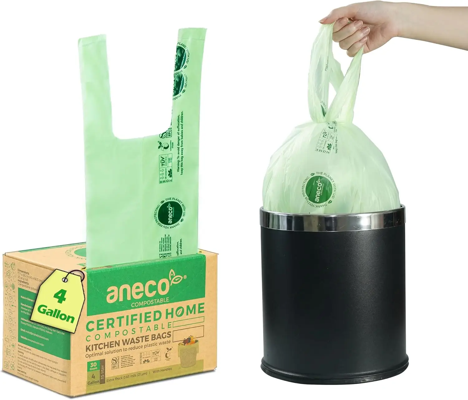 

4 Gallon Compostable Food Waste Bags with Handles, Extra Thick Compost Bags for Kitchen/Bathroom, BPI & OK Compost HOME Certified
