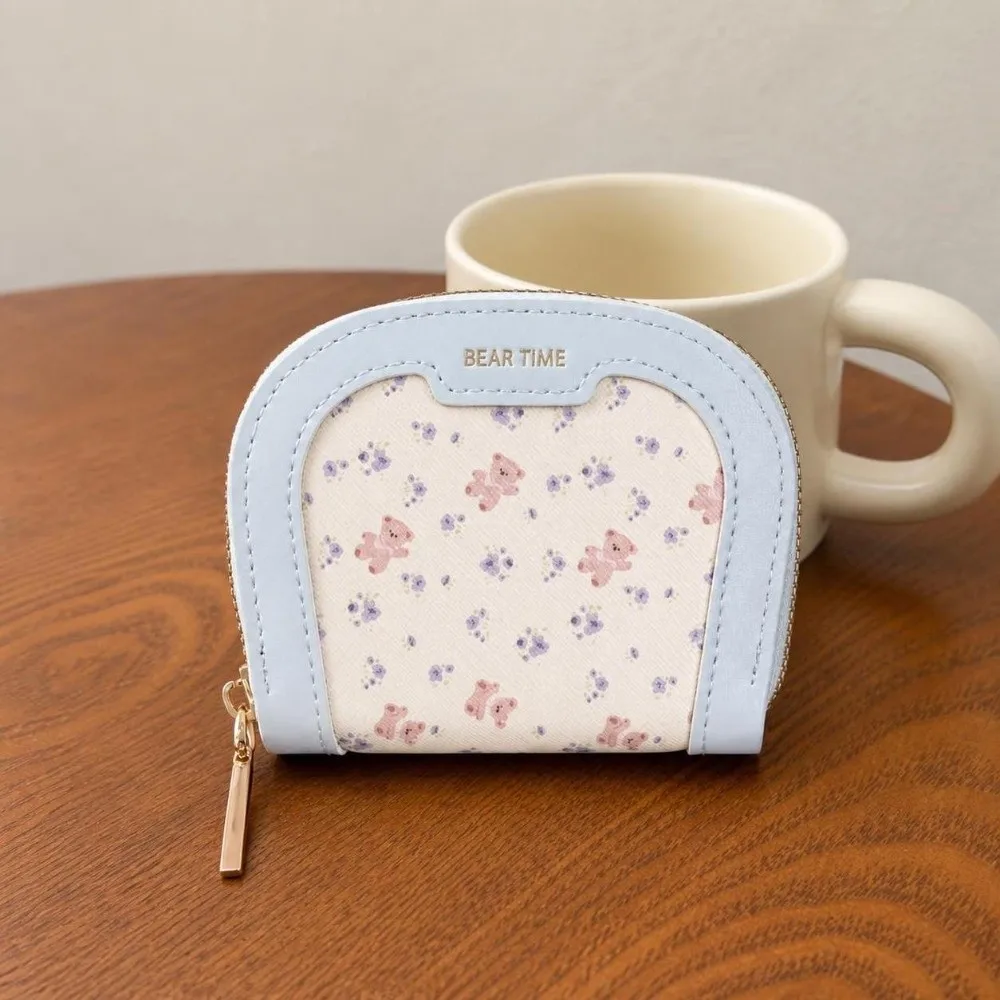 Stylish PU Bear Print Coin Purse Multi-Slot Lightweight Small Card Wallet Zippered Portable Cute Mini Pouch Ladies