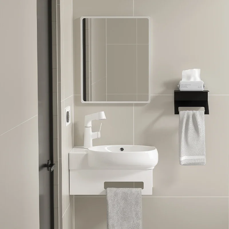 Wall-mounted integrated ceramic bracket washbasin Small apartment bathroom Ultra-narrow extended corner washbasin