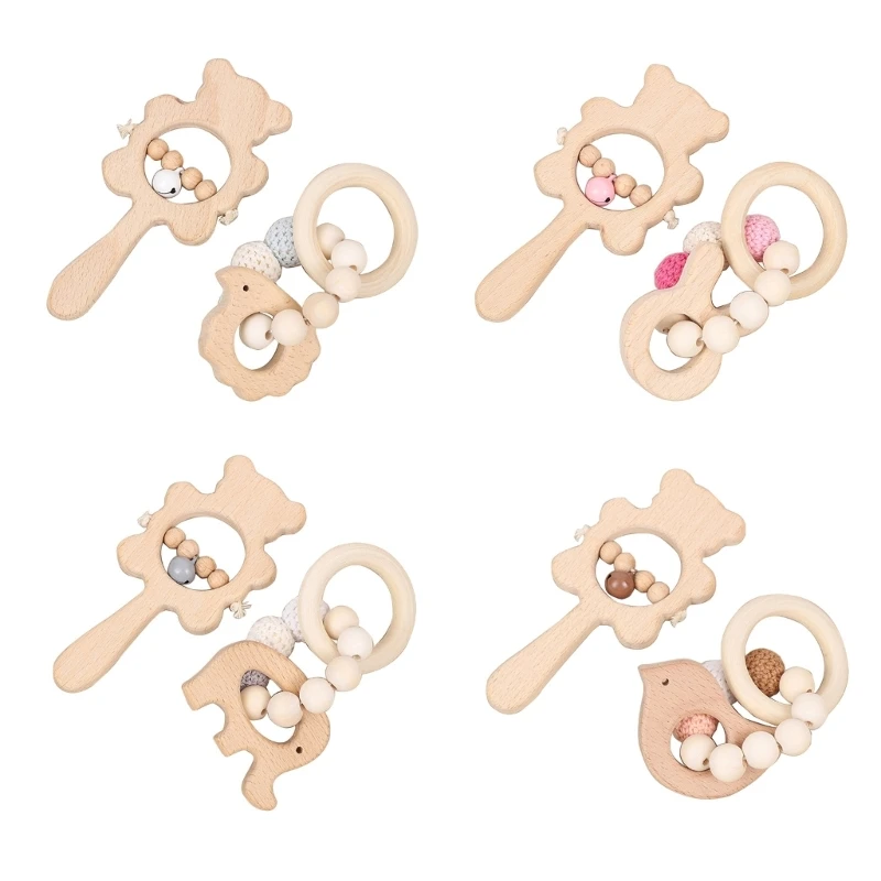 

Q0KB Cartoon Rattle Teether Baby Bead Rattle Handbell Education Toy Infant Teethers