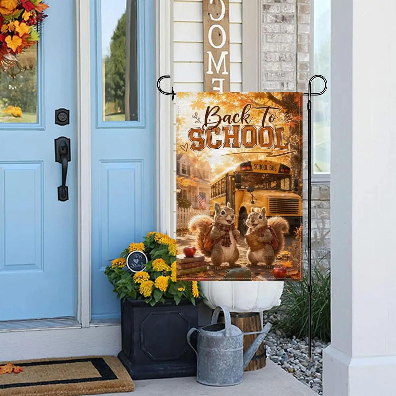 Back to School Cute Squirrel Garden Flag 12x18 Inch,Autumn Fun Animals Welcome Farm Fall Yard Decor,Yellow School Bus Maple  yyi