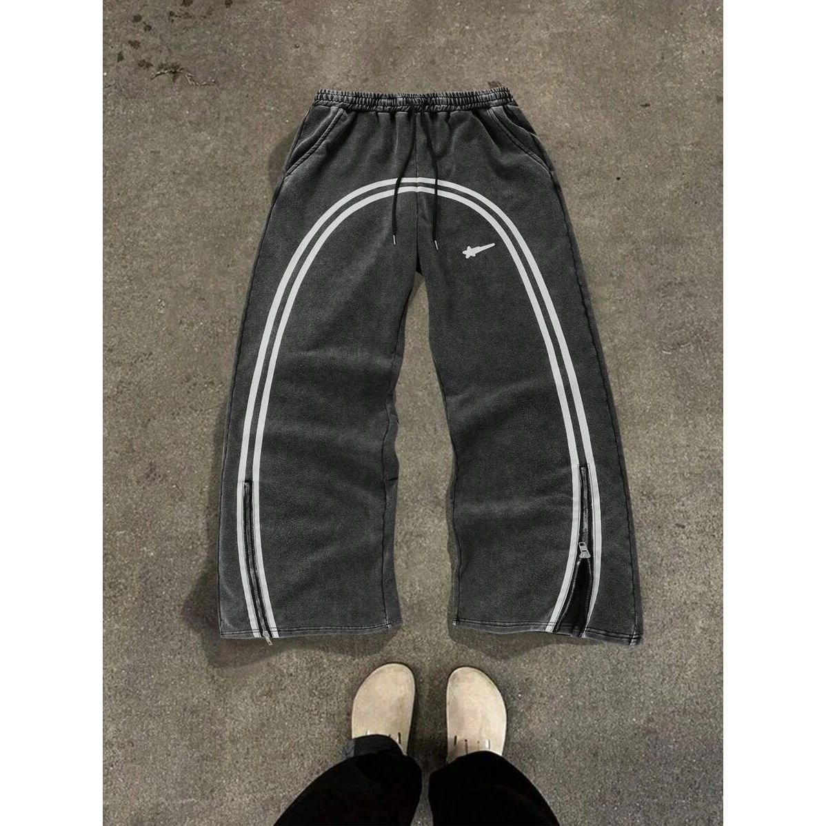 

Loose Straight Leg Spor Casual Trousers Zipper Sweatpants ex Pure Color Patchwork Street Sle Long Pants