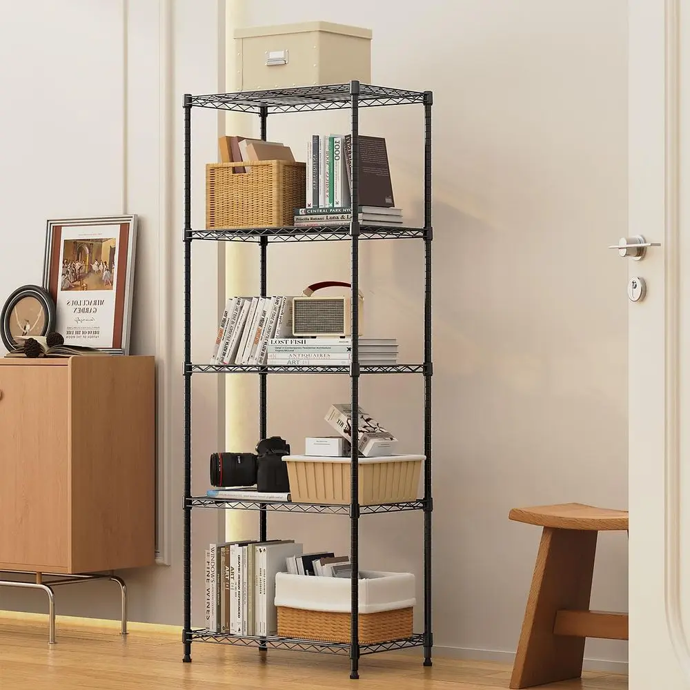 5-Tier Metal Storage Shelves with Wheels, Black, 13.7x23.6x62.4 for Garage, Kitchen, Bathroom, Laundry