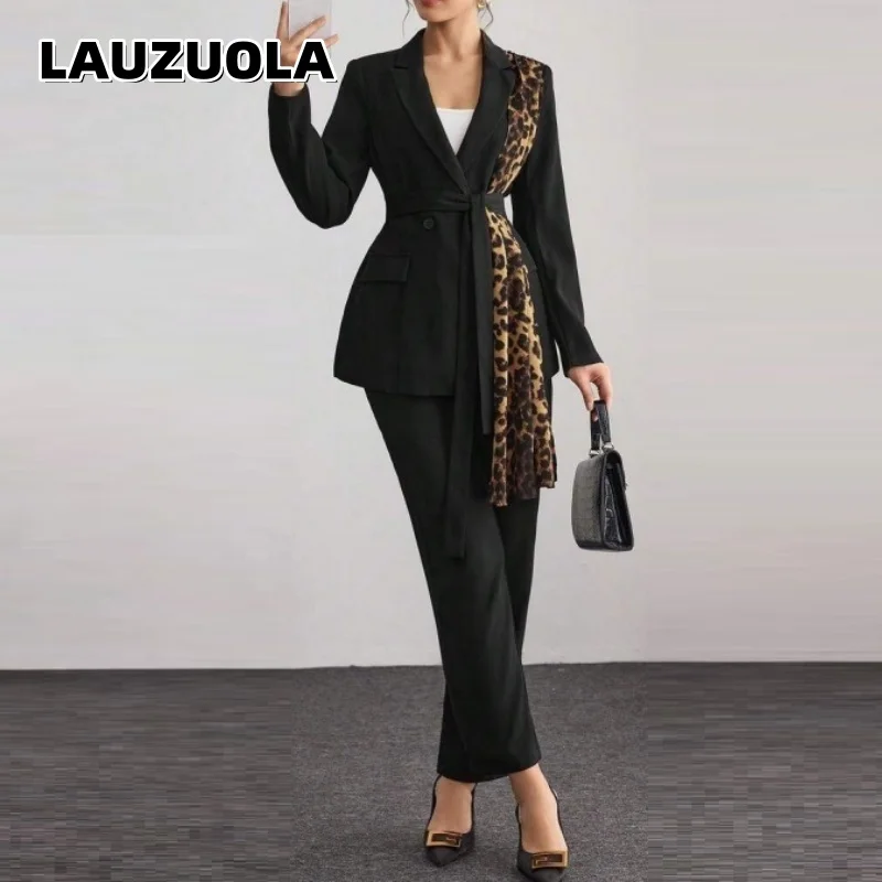 Women Elegant Suit Set Leopard Ribbon Blazer With Belt High Waist Straight Pants 2 Piece Formal Office Lady Outfit