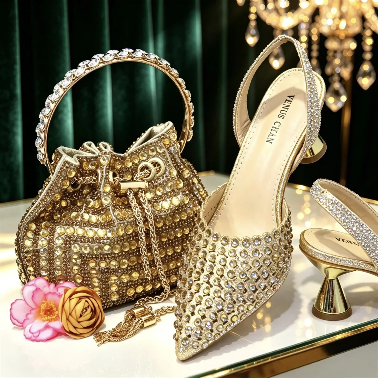 Shiny Gold Rhinestone Shoe & Bucket Bag Set | Pointed Crystal Heels, Womens Lux Wedding Eve Bridal Formal Prom Match Purse Kits