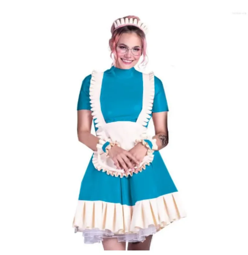 

PVC Satin Lining Patchwork Independent Apron Lace Pleated Short Sleeved Sissy Adult Baby Cross Dressing Maid Dress