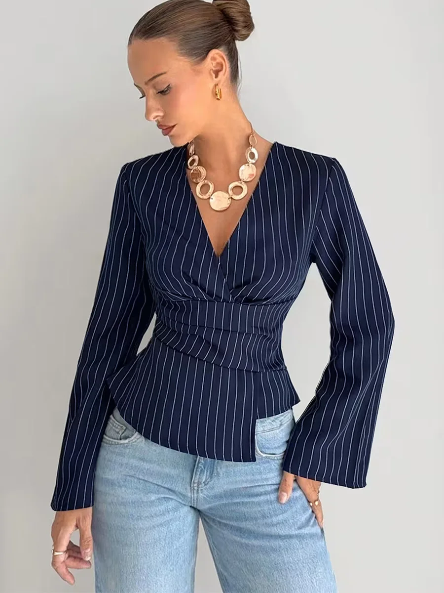 

New Solid Color Pinstripe Long-sleeved Shirt Women's Deep V-neck Wrap Top Elegant Commuter Style Bell Sleeves Ruffled Waist Tops