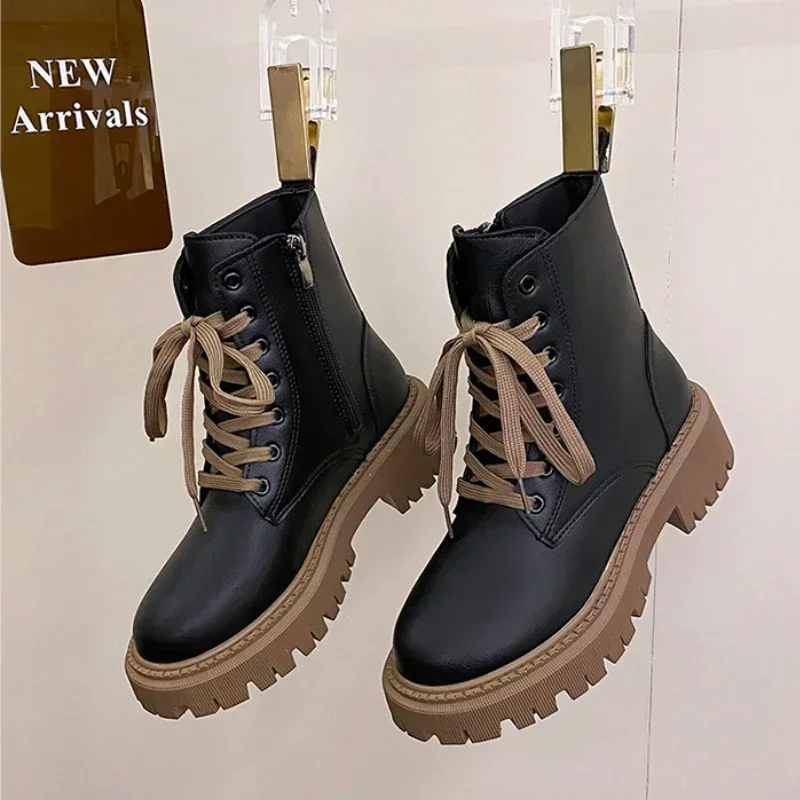 

Autumn Women's Boots British Style Leather Women's Boots Comfortable Warm Thick-soled Shoes for Women Hot Botines Para Mujeres