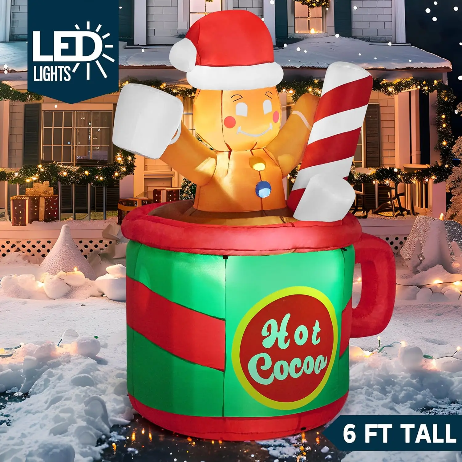 ตุ๊กตาเป่าลมรูปคนขนมปังขิงขนาด 6 ฟุต ยี่ห้อ JOYFY พร้อมแก้วน้ำร้อนใส่ไฟ LED ในตัว สำหรับตกแต่งงานปาร์ตี้คริสต์มาสและฤดูหนาว