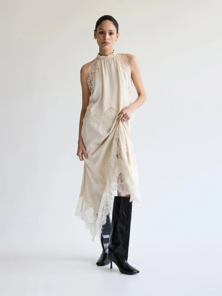Lace Splicing Sleeveless Top High Waist Skirt 2 Piece Set Women's Solid Summer Elegant Outfit Casual Lady Dating Skirts Suits