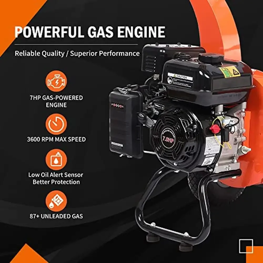 Déchiqueteuse à bois avec guide de décharge arc-en-ciel vertical, broyeur à gaz 7HP, capacité maximale de 60,3 ", rapport de réduction 15:1, 3600 tr/min