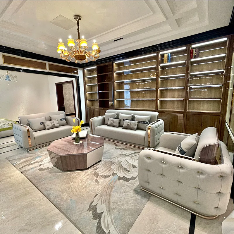 #￥for MR Italian Style Luxury Genuine Leather Sofa Villa Modern Living Room Couch Set Wood Back Sofa Sets