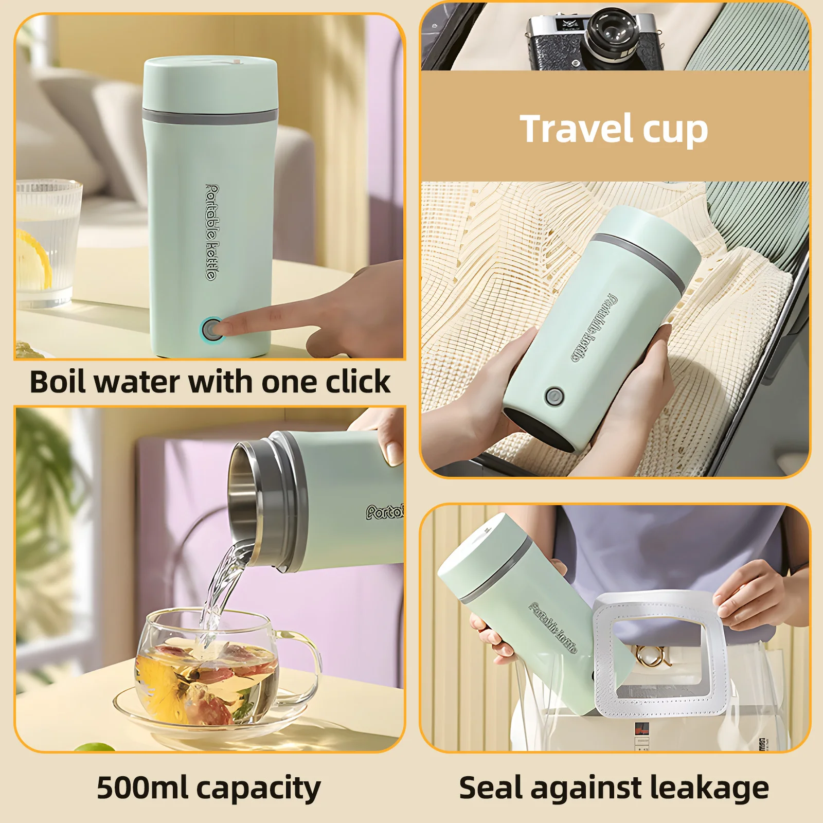 Chaleira elétrica portátil 500ml 300W Chaleira de viagem de aço inoxidável Aquecedor de água de ebulição rápida Isolamento de parede dupla à prova de vazamento