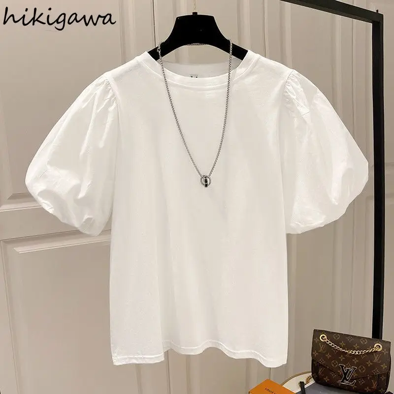 Cotton Tshirts for Women Summer T-shirts Puff Sleeve O-neck Tees Oversized Tops Fashion Sweet White Tees 2024 Ropa Mujer 27v941